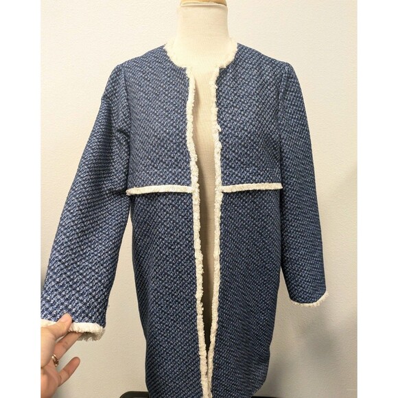 J. McLaughlin Blue White Fringe Trim Tweed Blazer Jacket sz M Officewear Chic - Picture 3 of 12